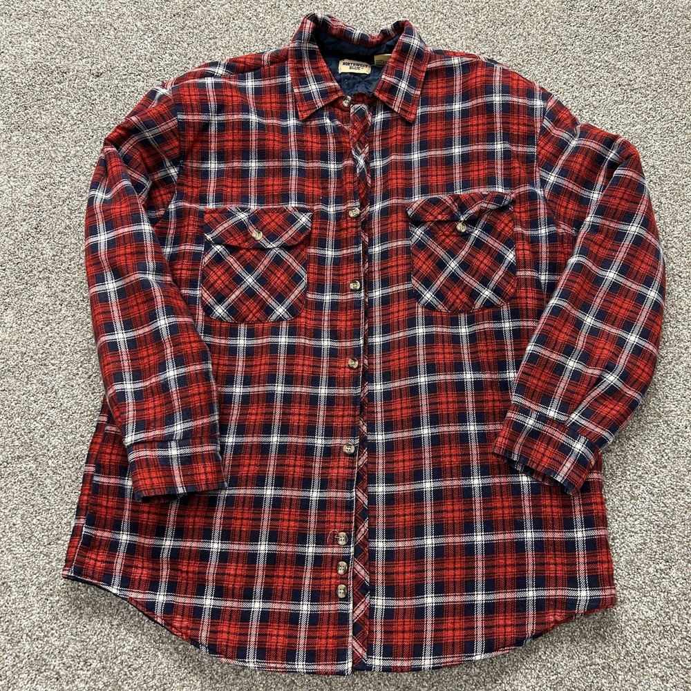 Vintage Northwest Blue Jacket Mens Large Red Plaid Flannel Quilted Lined Outdoor